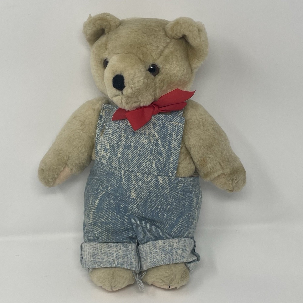 Vintage Fox Retail Group Teddy Bear Plush Faux Denim Overalls Red Bow‎ 11" Toy